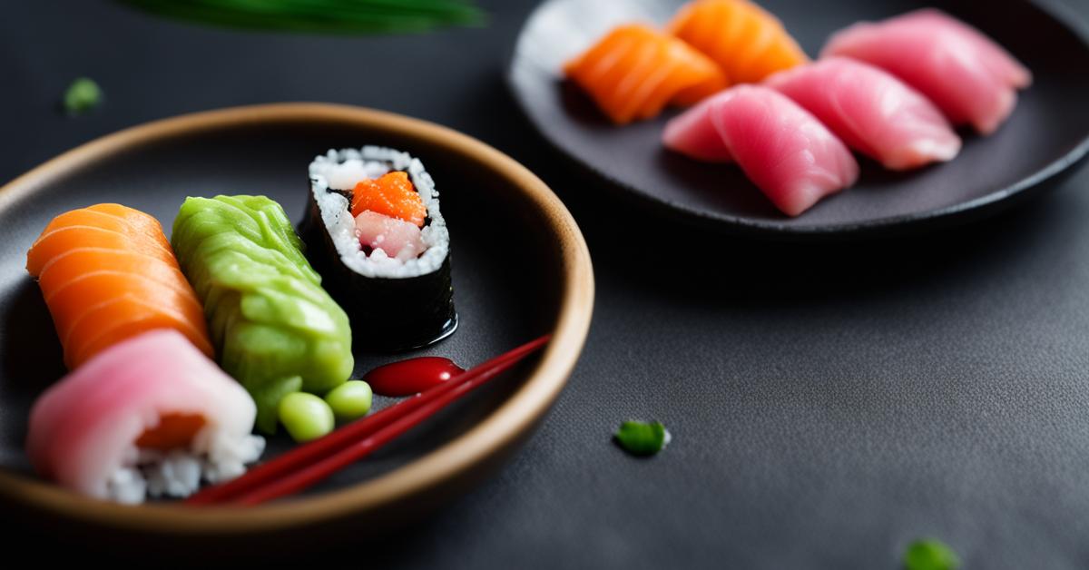 Zbliżenie na zestaw przypraw do sushi, w tym małą miseczkę sosu sojowego z widocznymi śladami maczania, stos różowego marynowanego imbiru i małą kupkę jaskrawozielonego wasabi, ułożonych na teksturowanej, ciemnej powierzchni z płytką głębią ostrości, podkreślającą ich żywe kolory i tekstury.