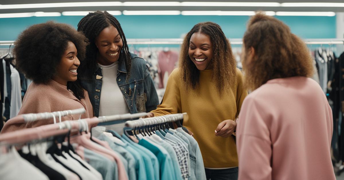 Grupa uśmiechniętych osób oglądająca ubrania w sklepie Primark.