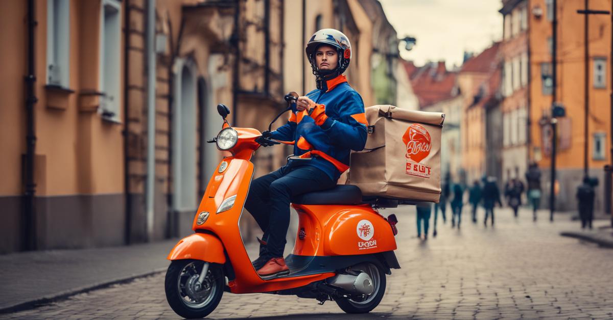 Dostawca pizzy na skuterze z torbą dostawczą na tle miasta Częstochowa.