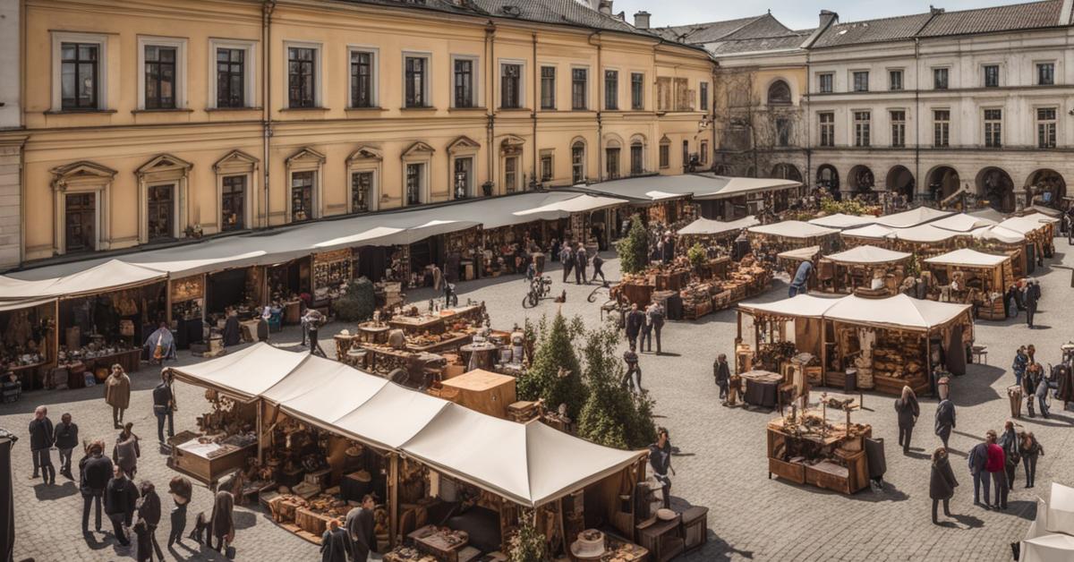 Ogólny widok na giełdę staroci na Rynku Gabriela Narutowicza w Częstochowie, tłumy i stoiska.