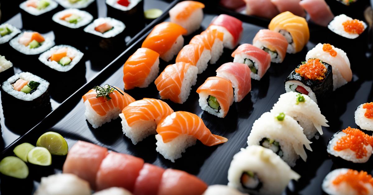 Dynamiczne, lekko skośne ujęcie różnorodnych dań sushi, w tym rolek, nigiri i być może kilku specjalnych pozycji, podanych na ciemnym, błyszczącym talerzu, z subtelnym, rozmytym tłem, prezentujące świeżość i atrakcyjność wizualną potraw, z naciskiem na detale dodatków i sosów.