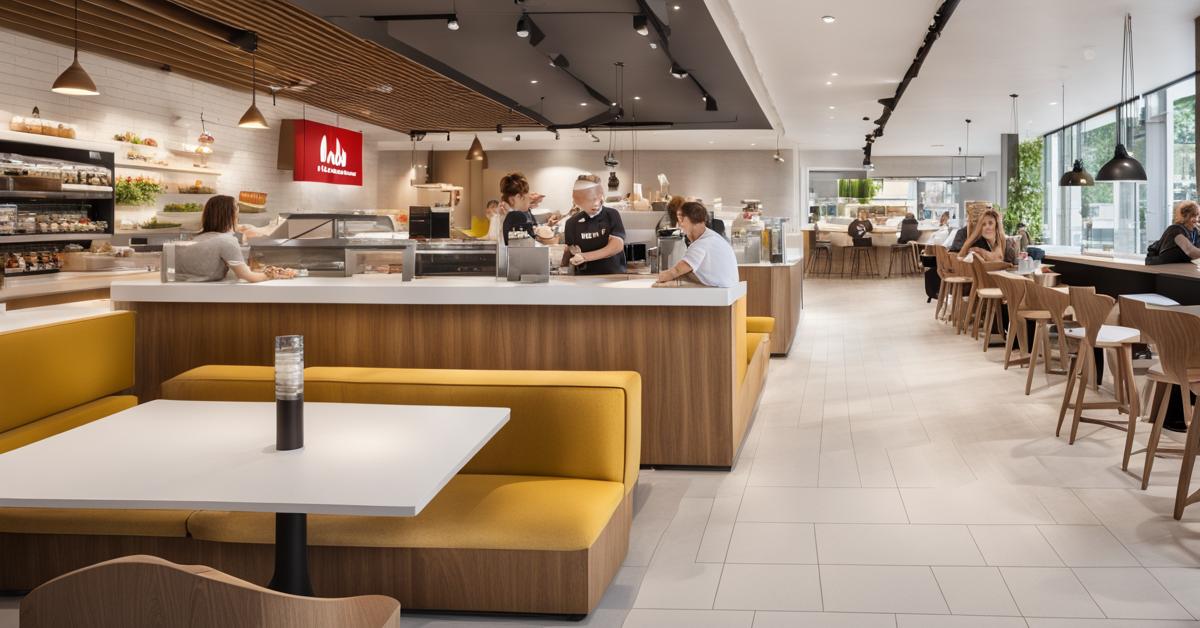 Wnętrze nowej restauracji McDonald's w Częstochowie w stylu Essential Ingredients 2.0.