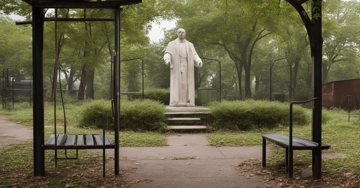 Opuszczony plac zabaw i ścieżki w zamkniętym parku miniatur sakralnych.